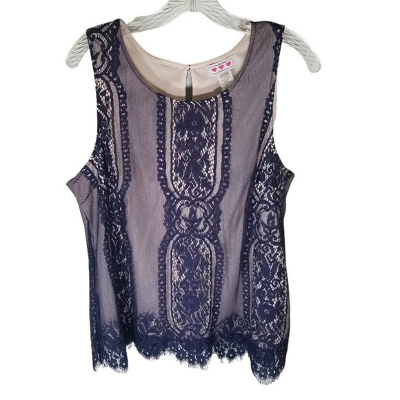 Three Pink Hearts By Trixxi Women's XL Lined Lace Tank Navy Cream NWT - Picture 1 of 7